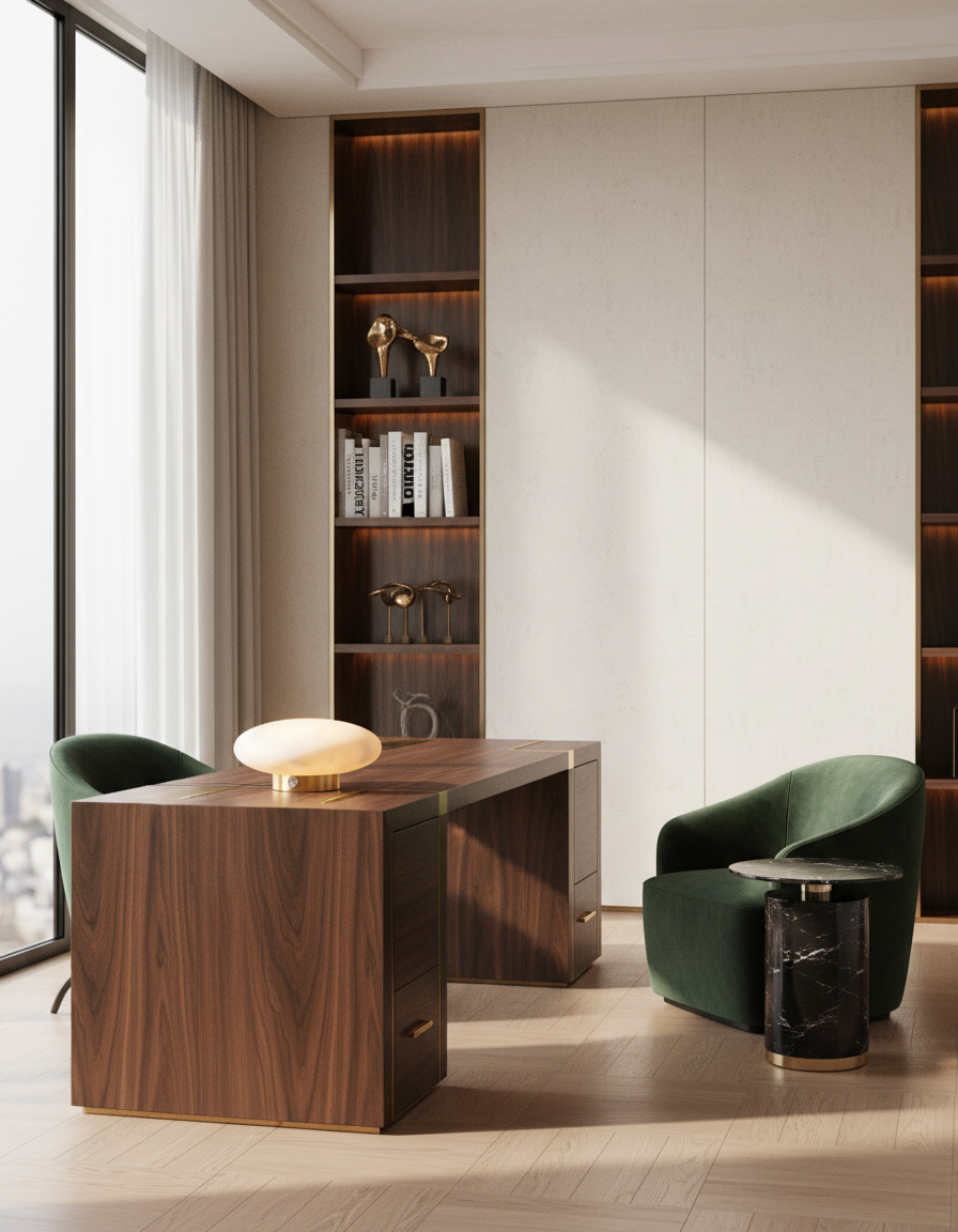 Alabaster cube table lamp with sculptural black metal base placed on a travertine bedside table in a warm Scandinavian interior with natural sunlight and wood wall accents.